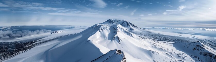 Snowcovered volcano, from the air, contrasting the white peak with dark lava flows, serene and formidable, in a wintry landscape