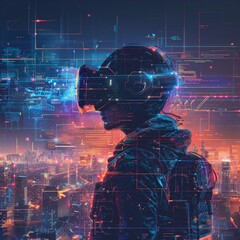 Smart city planner, virtual reality interface suit, urban futuristic illustration, smart and interconnected city environment , sci-fi tone, technology