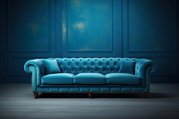 stylist and royal Stylish blue fabric sofa with wooden legs on blue background with shadow