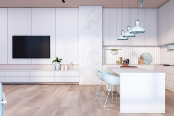 A modern kitchen interior with white furniture, a central island, pendant lights, and wooden floor,...