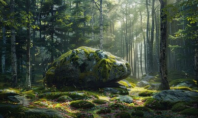 Fantasy Forest A Rocky Encounter in the Woods Generative AI - obrazy, fototapety, plakaty
