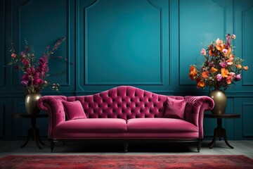 stylist and royal Stylish sofa and carpet on color background, space for text, photographic