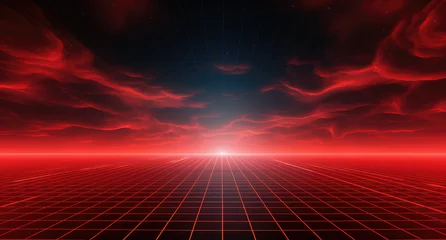 Küchenrückwand glas motiv Synthwave background. Dark Retro Futuristic backdrop with blue red perspective grid and sky full of stars. Horizon glow. Abstract Retrowave template. 80s Vaporwave style. Stock vector illustration © ribelco