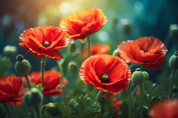 Abstract bokeh poppy flowers background, red, green blue colors, golden hour lighting