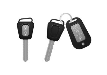 Set of electronic car key front and back view and alarm system. Realistic car keys black color isolated on white background. 3d realistic mockup. Vector illustration,