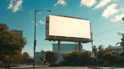 Fototapeta premium Blank billboard on a street, a blank billboard with copy space for text or content, mockup of a blank billboard in a big city, day scene. Space for your ad