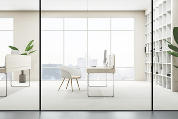 Modern office interior with desk, chair, and bookshelf, large windows with city view, minimalistic design, concept of workspace. 3D Rendering