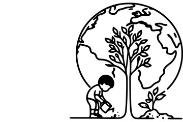 Continuous one black line art drawing children watering a tree. planting tree to save the world and earth day reduce global warming growth concept vector illustration on white background