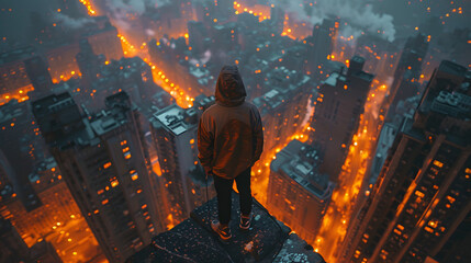 Hoodie Man Stand on rooftop high building over city at night with city lights