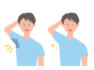 脇の汗染みに悩む男性のビフォーアフターのイラスト
