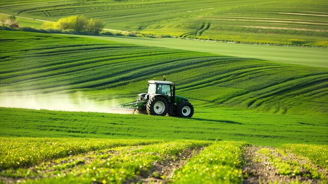 tractor in the middle of a green field, performing agricultural work