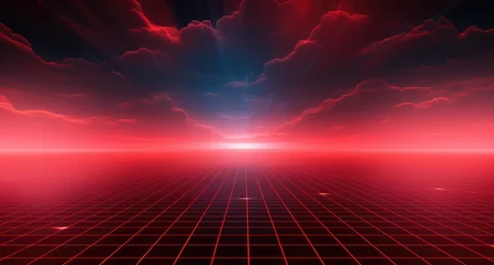 Foto op Plexiglas Synthwave background. Dark Retro Futuristic backdrop with blue red perspective grid and sky full of stars. Horizon glow. Abstract Retrowave template. 80s Vaporwave style. Stock vector illustration © ribelco
