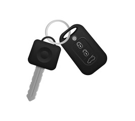Set of electronic car key front and back view and alarm system. Realistic car keys black color isolated on white background. 3d realistic mockup. Vector illustration,