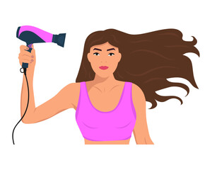 The girl dries her hair with a hair dryer. Hair care.