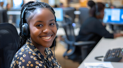 A smiling black woman call center agent sitting at her desk in an office with other busy desks - obrazy, fototapety, plakaty
