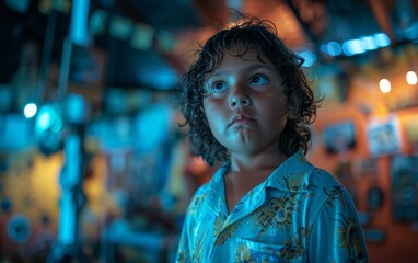Obraz premium A young boy with curly hair is standing in a room with a blue shirt and a yellow flower on it