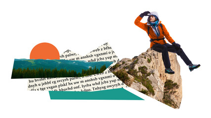 Poster. Contemporary art collage. Girl in sports uniform sits on edge of rock and looks into...