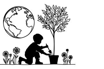 Continuous one black line art drawing children watering a tree. planting tree to save the world and earth day reduce global warming growth concept vector illustration on white background