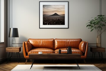 stylist and royal Wall mockup in modern living room design, brown leather sofa with black home accessories
