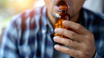A man holding a bottle of pills in his mouth, AI - obrazy, fototapety, plakaty