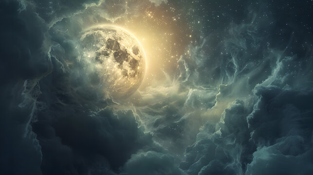 Full moon over the night clouds. Phonography recording the songs of celestial bodies