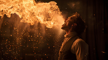 Man Sideshow performance with real supernatural abilities Blowing fire from mouth