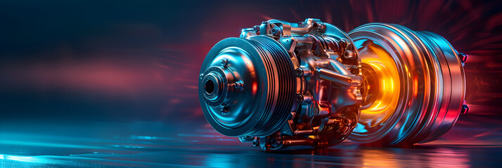 Turbocharger separate on dark red-blue background,
An intriguing backdrop featuring a futuristic jet engine accentuated by striking green and orange - obrazy, fototapety, plakaty