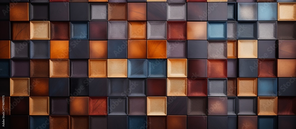Poster close-up view of a wall displaying a wide array of different colored squares in a vibrant and colorf
