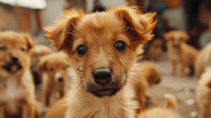 A close up of a brown puppy with big eyes in the middle, AI