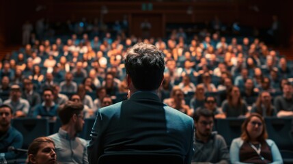 speaker conducts the business of the conference standing in front of a large audience on the stage in the conference room