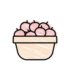 red apples in the basket isolated on white background, harvesting, doodle black line vector illustration, hand drawn