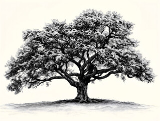 black ink drawing set of an oak tree, white background