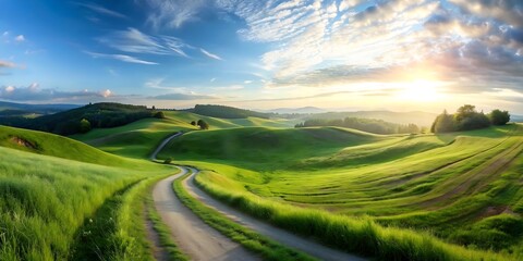 Panoramic Landscape Of Road Through Green Grass Field With Cloudy Sky, Natural Landscape, Summer Landscape, Spring Landscape