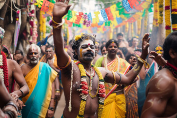 The rhythmic sound and movement of traditional South Indian music and dance performed during Thaipusam, emphasizing the energy and emotion. Soft focus - obrazy, fototapety, plakaty