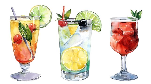 Glass glasses with colorful beach tropical summer alcoholic cocktails, the concept of a set of refreshing drinks for a bar or cafe. Watercolor banner