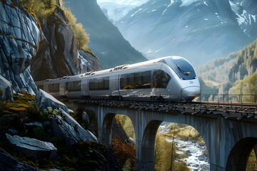 A modern train crossing a bridge in the mountains