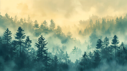 Foggy forest with tall trees in the style of green and blue - obrazy, fototapety, plakaty