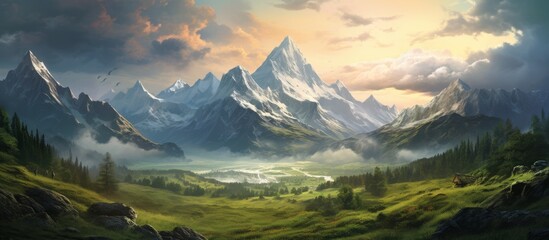 Naklejka premium Scenic painting depicting a majestic mountain landscape with a serene valley and a beautiful lake