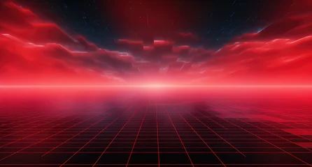 Meubelstickers Synthwave background. Dark Retro Futuristic backdrop with blue perspective grid and sky full of stars. Horizon glow. Abstract Retrowave template. 80s Vaporwave style. Stock vector illustration © ribelco