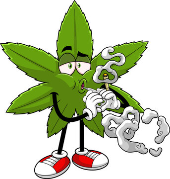 Funny Marijuana Leaf Cartoon Character Smoking A Joint. Vector Hand Drawn Illustration Isolated On Transparent Background