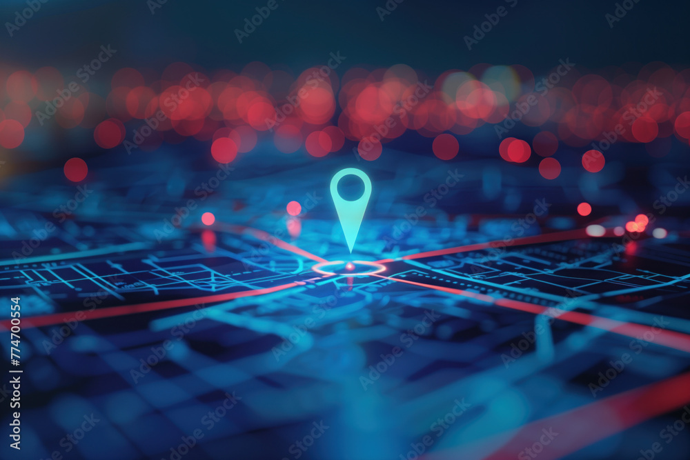 Poster abstrakt futuristic background with location pin icon on a virtual map. blue and red lights. backgro