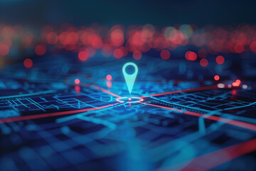 Abstrakt futuristic  Background with location pin icon on a virtual map. Blue and red lights. Background image. Created with Generative AI technology.