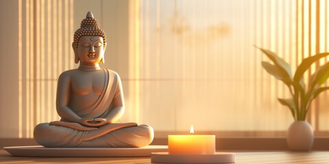 Buddha Statue and Candle Zen Spa Atmosphere