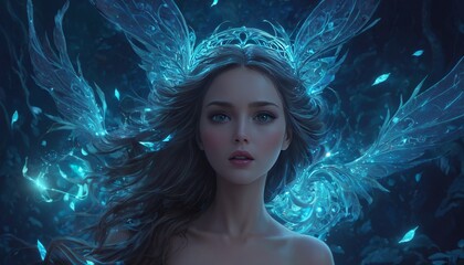 Digital portrait of a surreal blue-winged fairy against a dark mystical background, evoking a sense of enchantment and otherworldliness. AI Generation