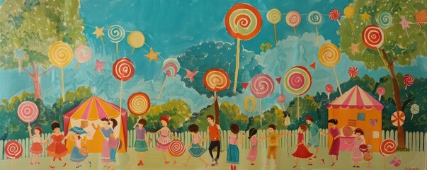 Sketch a scene of a summer lollipop festival where children and families enjoy lollipop-themed games - obrazy, fototapety, plakaty