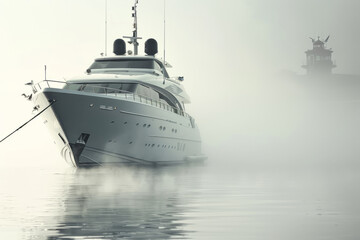 Naklejka premium A sleek yacht cutting through the mist on a foggy morning, its polished hull gleaming in the ethereal haze, with seagulls and a distant lighthouse.