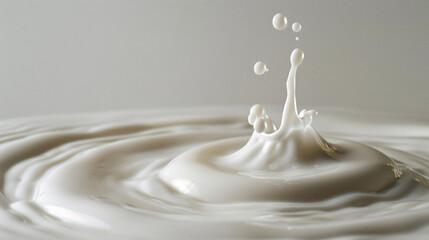 Water droplets and ripples from pouring milk, close shot, milk drink advertising background concept illustration