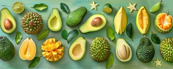 Illustrate a step-by-step recipe for a tropical fruit salad showcasing the preparation of avocados - obrazy, fototapety, plakaty
