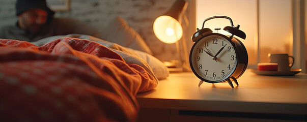 Man turn off a alarm clock after wake up in the morning. banner - obrazy, fototapety, plakaty