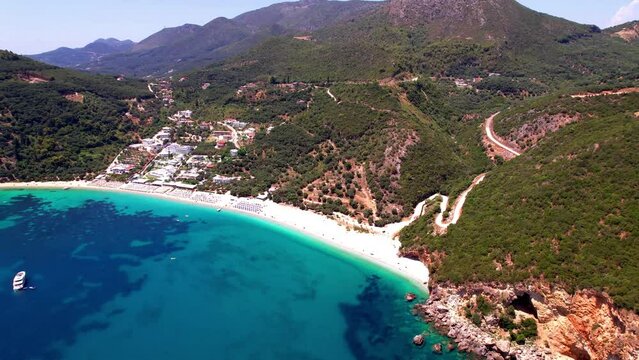 Most scenic and popular beaches near Parga town (Epirus) - beautiful Lichnos. Greece beaches, aerial drone video